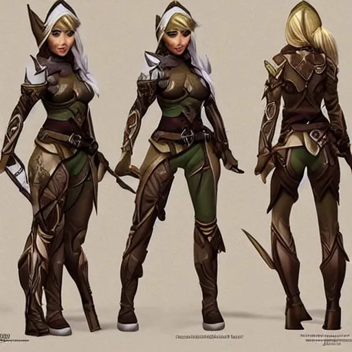 Prompt: character outfit concept of fantasy female elf ranger, by Josh Durham and artgerm, multiple views, highly detailed, artstation