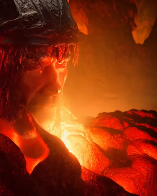 Image similar to closeup Photo of Conan the Barbarian in a lava dungeon, rim lighting, octane, Natasha Tan, Maciej Kuciara, Edgar Rice Burroughs,