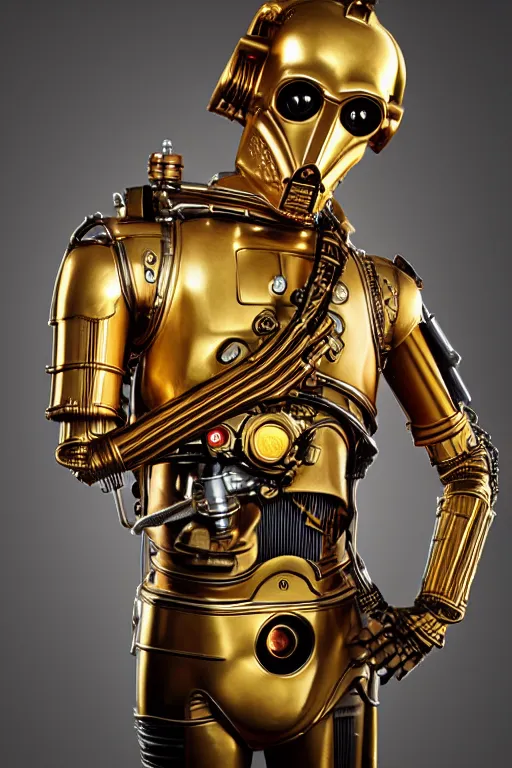 Image similar to steampunk version of c 3 po, promotional photo, studio lighting