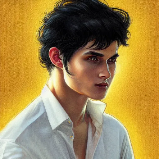 Image similar to ultra realistic illustration, a young man with black hair, in a checkered yellow shirt, with blue eyes, highly detailed, digital painting, artstation, concept art, smooth, sharp focus, illustration, art by artgerm and greg rutkowski and alphonse mucha