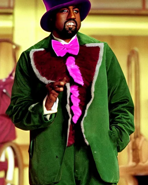 Image similar to film still close - up shot of kanye west as willy wonka from the 1 9 7 1 movie willy wonka & the chocolate factory. photographic, photography