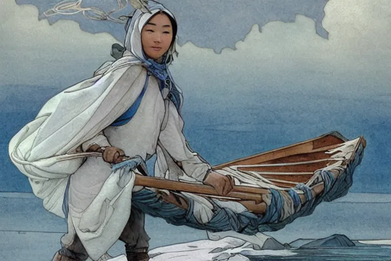 Image similar to a Inuit hauling a baby harp seal in a net, gray and blue and white colors, water color, art by artgerm and greg rutkowski and alphonse mucha and jin xiaodi and anthony devine