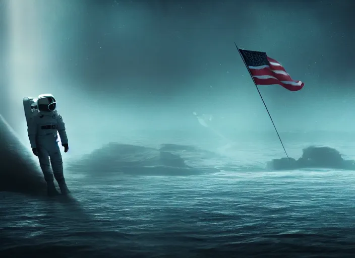 Image similar to astronaut holding a flag in an underwater desert. a submarine is visible in the distance. dark, concept art, cinematic, dramatic, atmospheric, 8 k, trending on artstation, blue, fish, low visibility, fog, ocean floor, christopher nolan, interstellar