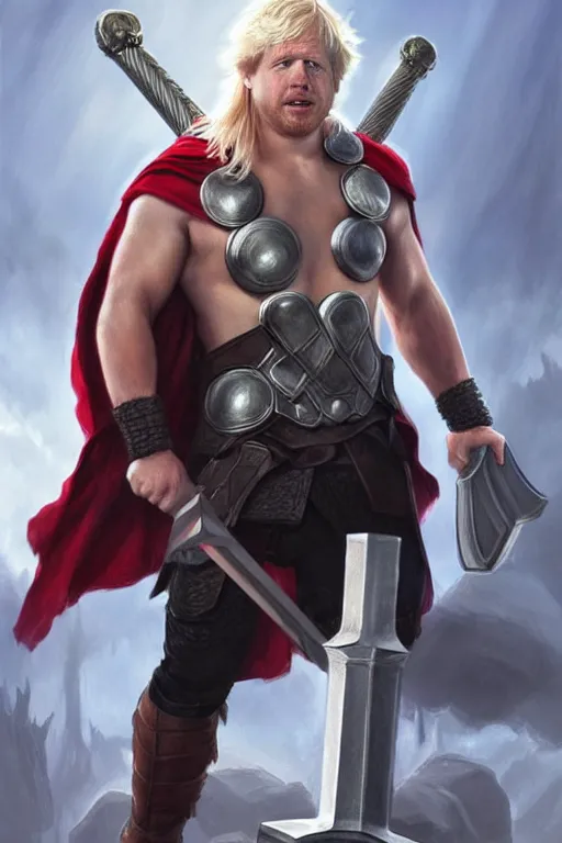 Prompt: Boris Johnson as Thor with Mjolnir, Boris Johnson hairstyle, full body realistic portrait, highly detailed, muscular body, digital painting, artstation, concept art, smooth, sharp focus, illustration, cinematic lighting, art by artgerm and greg rutkowski and alphonse mucha