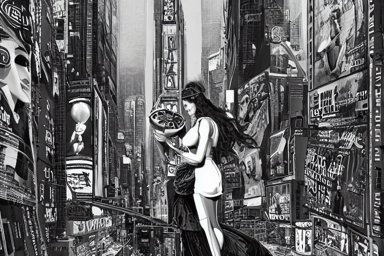 Prompt: an intricate, awe inspiring cyberpunk illustration of a girl with balloon, Times Square, by Ansel Adams ((black and white))