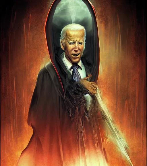 Image similar to joe biden as a hooded arch mage, portrait, by artgem, by yoshitaka amano, dark atmosphere, digital art, highly detailed,