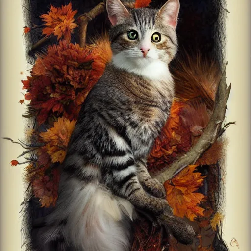 Image similar to portrait character design, a cute feathered cat in an autumn forest, feathers plumage, plumed by brian froud, portrait studio lighting by jessica rossier and brian froud and gaston bussiere