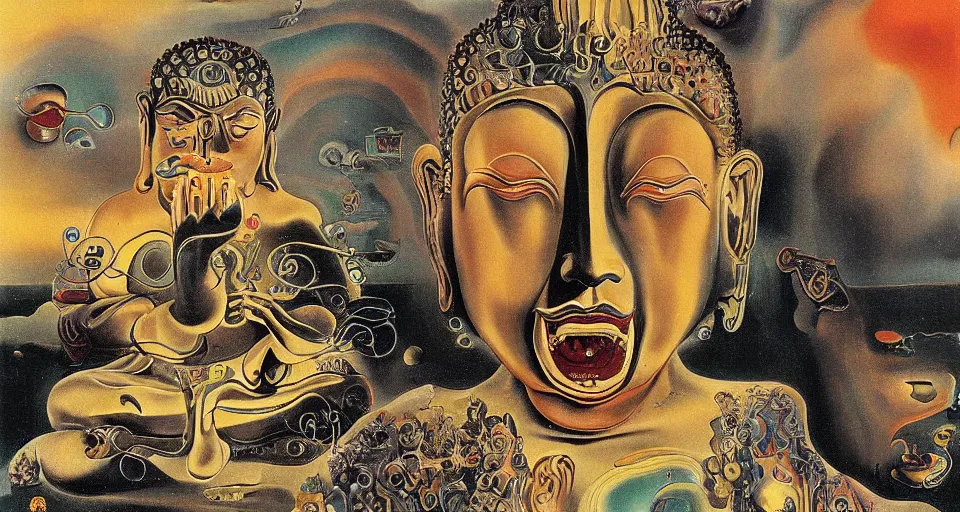 Prompt: Laughing buddha at the edge of the multiverse by Salvador Dali, highly detailed, surreal