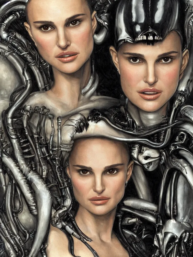 Image similar to a beautiful portrait of natalie portman with a xenomorph alien queen by h.r. giger, detailed, proportional, trending on art station, 4k