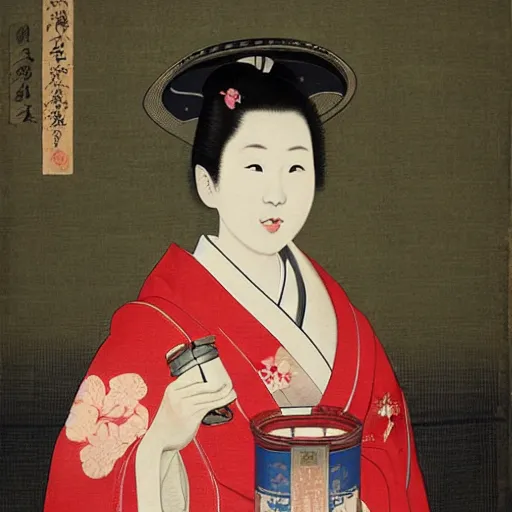 Image similar to a Portrait up to the chest, a Japanese woman, smooth, wearing a kimono made of cherry blossoms,holding a cola can,smiled sardonically, created by Raffaello Sanzi.