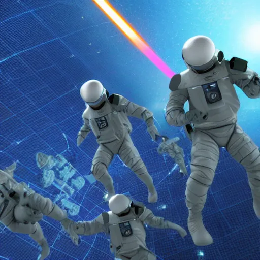 Prompt: futuristic soldiers in spacesuits firing lasers in zero gravity, floating polygon shapes as obstacles, surrounded by a laser grid