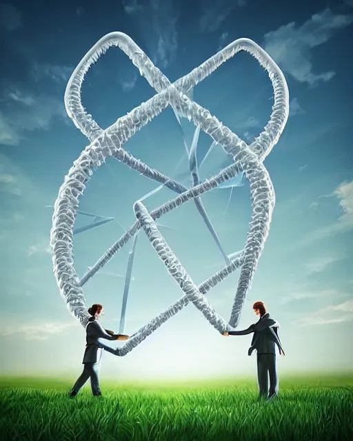 Image similar to in a field, two scientists in lab coats encounter a monster shaped like the DNA double helix, digital art