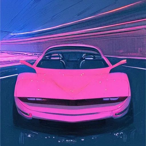 Image similar to a beautiful artwork of a car on a highway at night, neon vibes, by Jerome Opeña, featured on artstation