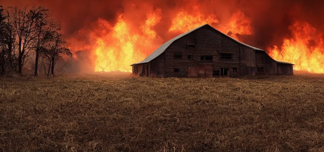 Prompt: full portrait of a desolate farm::forest behind the barn is on fire:: inferno, smoke, flames, dark, gloomy, horror, screaming:: insanely detailed, photorealistic:: cinematic, dramatic lighting,