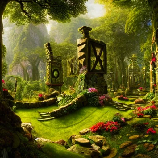 Image similar to a beautiful and highly detailed matte painting of a lush garden in a beautiful forest, carved celtic stone runes, psychedelic colors, intricate details, epic scale, insanely complex, hyperdetailed, artstation, cgsociety, 8 k, sharp focus, hyperrealism, by caspar friedrich, albert bierstadt, james gurney, brian froud,