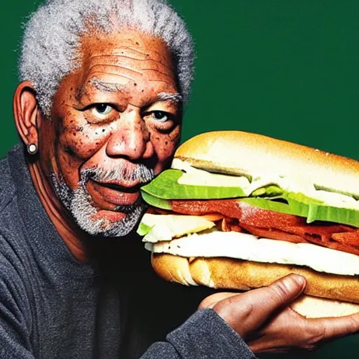 Prompt: a full length portrait of morgan freeman eating a subway sandwich