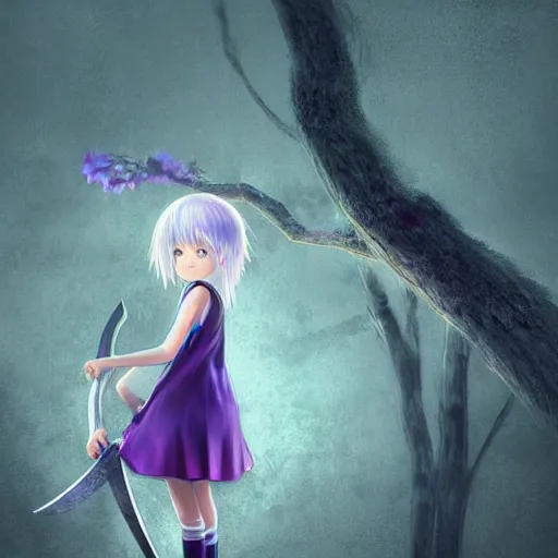 Image similar to advanced digital anime art, WLOP , a small school girl with silver hair wearing a violet dress and bare feet carrying a gigantic axe over the shoulder looking unimpressed , DOF, Gaussian Blur, —W 1920