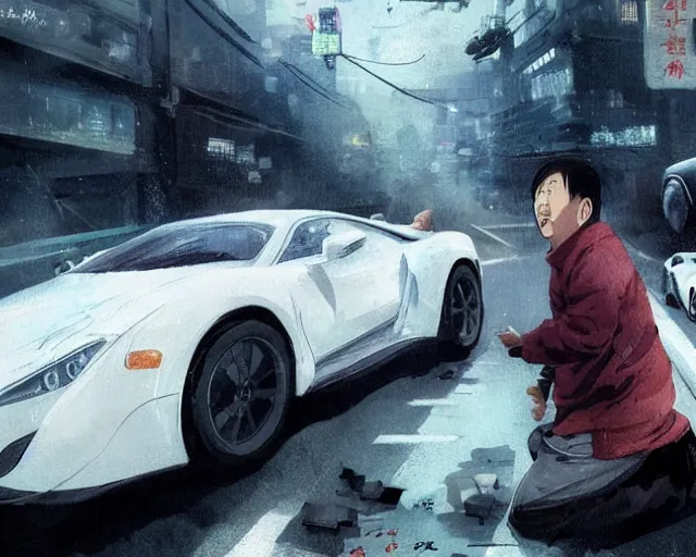 Image similar to a 50 year old brunnette chinese man with puffy cheeks lying with closed eyes on the ground next to a white super car crash, horror scene, dramatic, anime art, Greg Rutkowski, studio ghibli, dramatic lighting