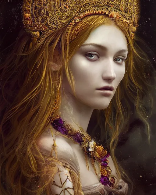 Prompt: young poppy goddess, portrait, beautiful face, long hair, emotionally evoking symbolic metaphor, head in focus, fantasy, ornamental, intricate, elegant, sensual, highly detailed digital painting, artstation, concept art, smooth, golden ratio, sharp focus, illustration, art by John Collier and Krenz Cushart and Artem Demura and and Greg Rutkowski and Alphonse Mucha and Albert Aublet