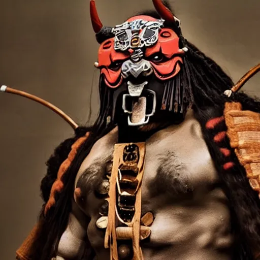 Image similar to big buff strong very buff samurai wearing an oni mask, movie still