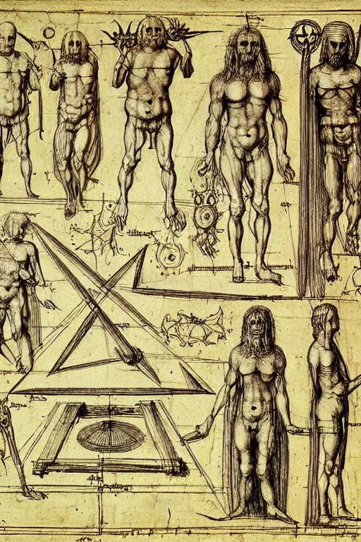 Prompt: design sheet of tools needed to summon a demon in an occult ritual by leonardo da vinci, blueprint page