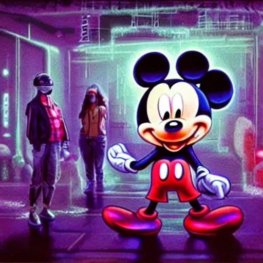 Image similar to a group of people standing around a mickey mouse, cyberpunk art by david lachapelle, cgsociety, sots art, dystopian art, reimagined by industrial light and magic, concept art