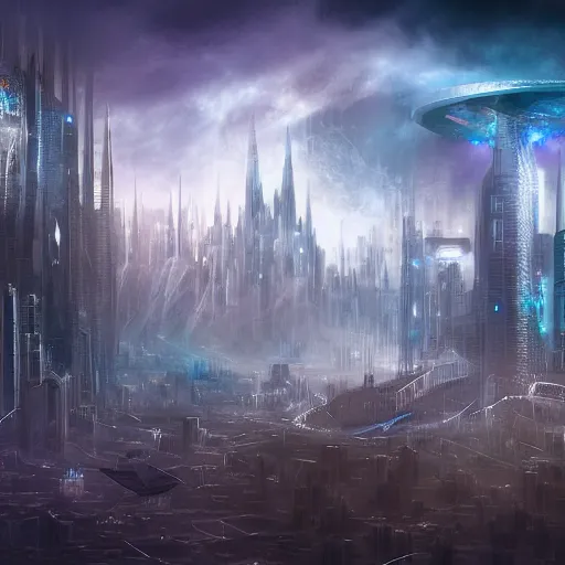 Prompt: a futuristic city floating in an ancient mystical atmosphere