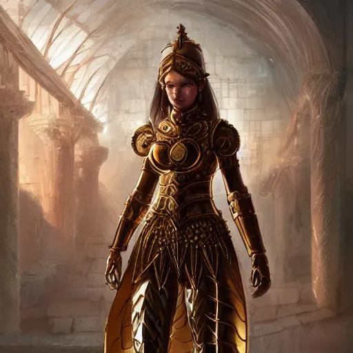 Prompt: portrait knights of Zodiac girl, golden and copper armor, in ruined Agora of Athens, ssci-fi, fantasy, intricate, very very beautiful, elegant, highly detailed, digital painting, artstation, concept art, smooth, sharp focus, illustration, art by WLOP and tian zi and artgerm