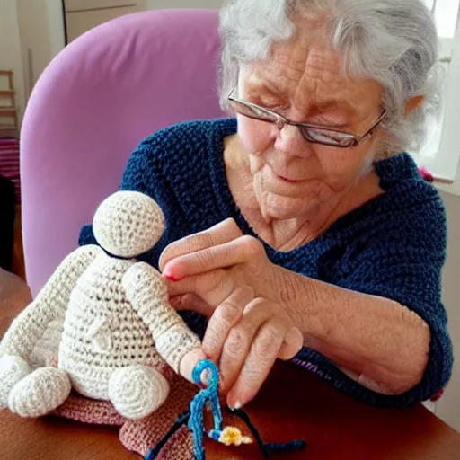 Prompt: a cute crochet grandma crocheting a tiny crochet grandma