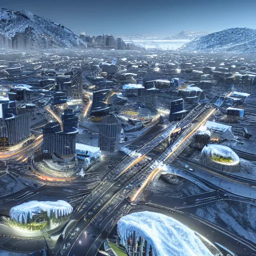 Prompt: A coastal city near some snow-capped mountains, sci-fi, 8k photorealistic, flying traffic in the sky