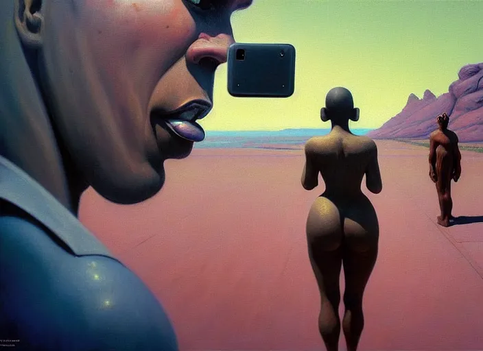 Prompt: beautiful extreme closeup photo in style of frontiers rendered in octane 3d , stunning, coherent, beautiful painting, still of a creepy man following a beautiful black bbw woman in wal-mart, she is taking a selfie of the creepy man is following her, , Edward Hopper and James Gilleard, Zdzislaw Beksinski, Steven Outram, highly detailedrich deep colors. rich deep colors. Beksinski painting, art by Takato Yamamoto , Wayne Barlowe. masterpiece. rendered in blender, ultra realistic, smooth shading, ultra detailed, high resolution, cinematic, unreal 6