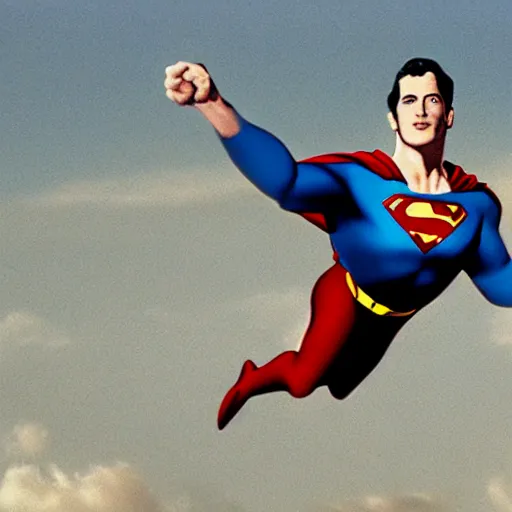 Image similar to A film still of superman flying over Dublin City Ireland