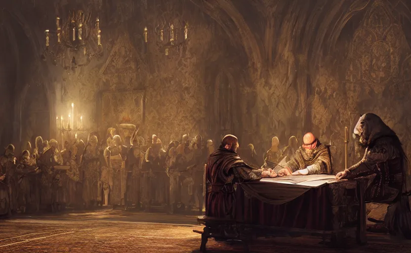 Prompt: a medieval king signing a document in a royal hall, game character concept art, close up high detailed, full perfect, detailed faces, symmetrical portrait, high detail, by craig mullins, peter mohrbacher, unreal engine, octane rendered, 8 k, dark beauty, trending on artstation