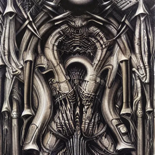 Image similar to battle between gods of all religions, airbrush painting by hr giger, illustration, intricate detail, award winning work,