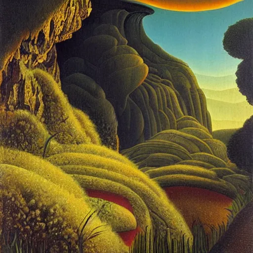 Prompt: painting of a lush natural scene on an alien planet by gerardo dottori. extremely detailed. futurism. beautiful landscape. weird vegetation. cliffs and water.