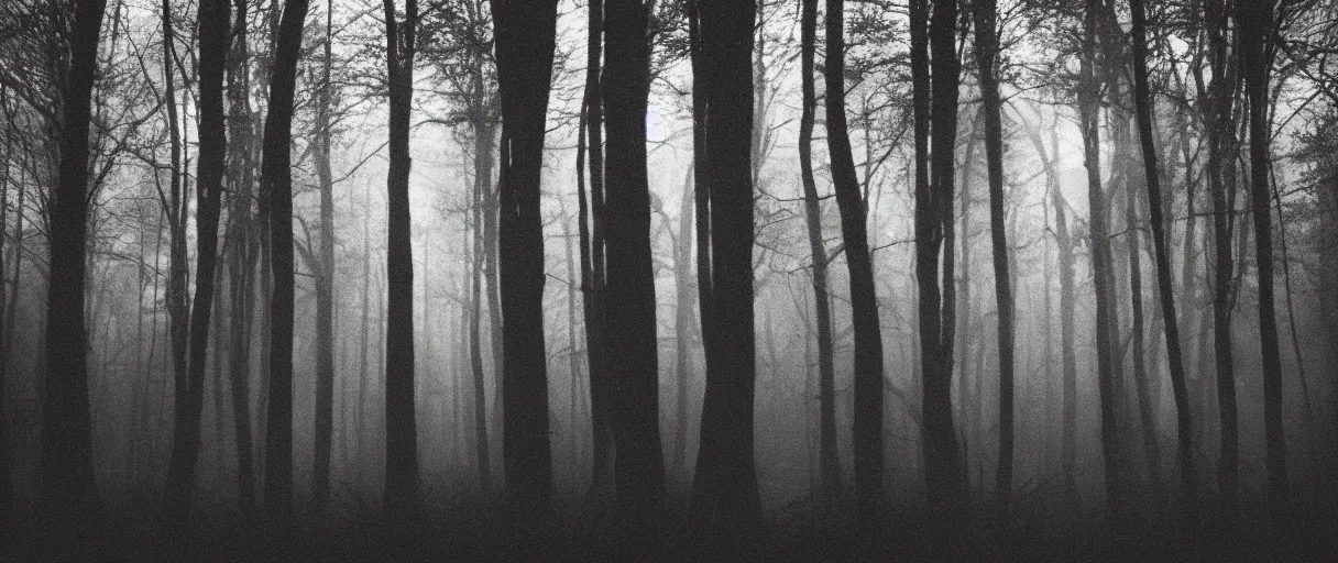 Prompt: a haunted forest under the milkway at night, film grain, large format photograph by stephen king, misty, moody