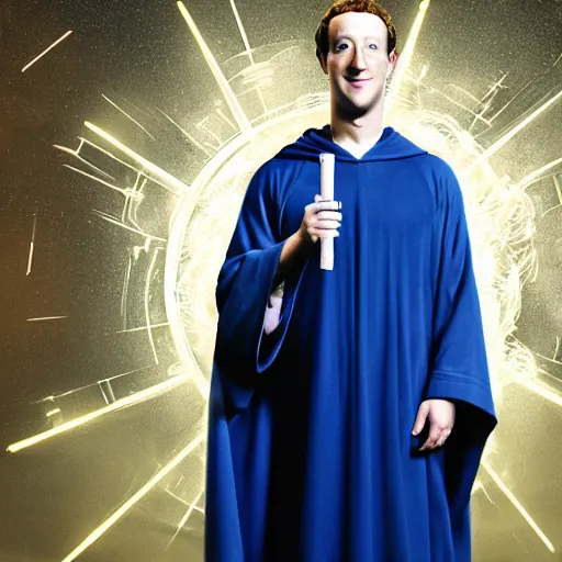 Prompt: Mark Zuckerberg as a wizard wearing blue robes, a blue pointed wizard hat and holding a magic staff, highly detailed, high quality, HD, 4k, 8k, Canon 300mm, professional photographer, 40mp, lifelike, top-rated, award winning, realistic, sharp, no blur, edited, corrected, trending