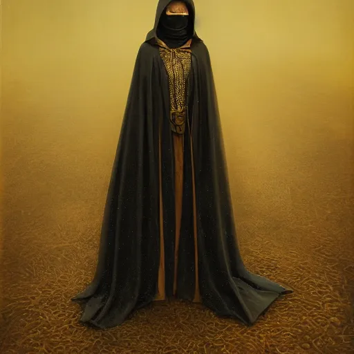 Image similar to a portrait of a young woman wearing a long dark cloak, hood and shadows covering face, holding golden chains, oil painting, matte painting, black background, Volumetric Golden dappled dynamic lighting, Highly Detailed, Cinematic Lighting, Unreal Engine, 8k, HD, by Beksinski