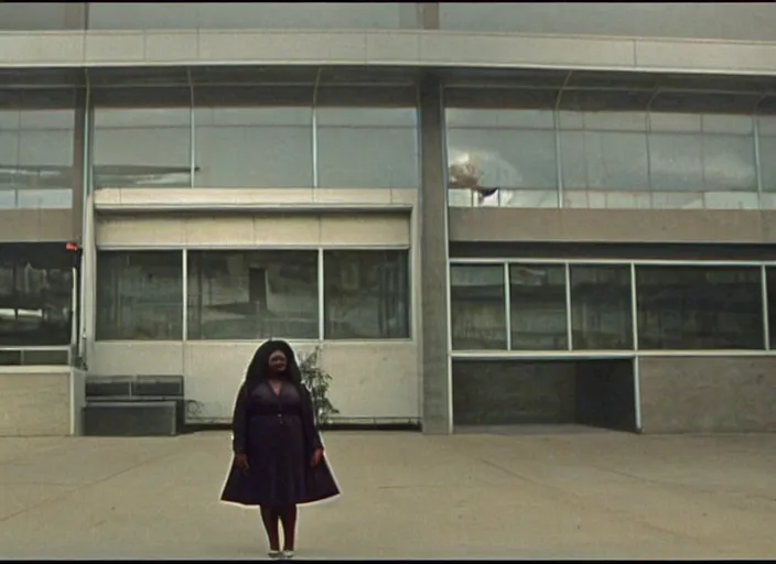 Image similar to cinematic screenshot high angle wide shot of octavia spencer outside a foggy abandoned department store empty parking lot, one car, paranoia everywhere, screenshot from the tense thriller film ( 2 0 0 1 ) directed by spike jonze, volumetric hazy lighting, moody cinematography, 3 5 mm kodak color stock, 2 4 mm lens