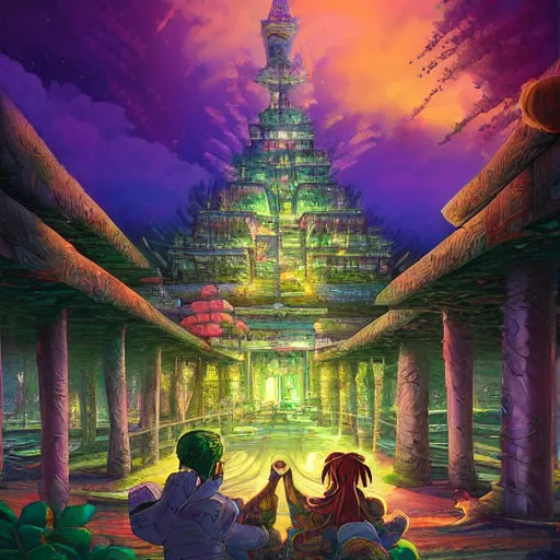 Image similar to street view of gigantic forest temple city at night by cyril rolando and naomi okubo and dan mumford and ricardo bofill