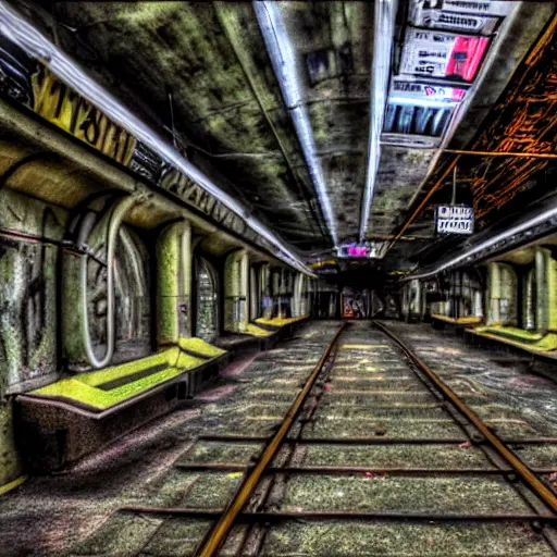 Image similar to An abandoned futuristic subway station with an old decaying cyberpunk train, overgrown, sunlight, digital art, award winning
