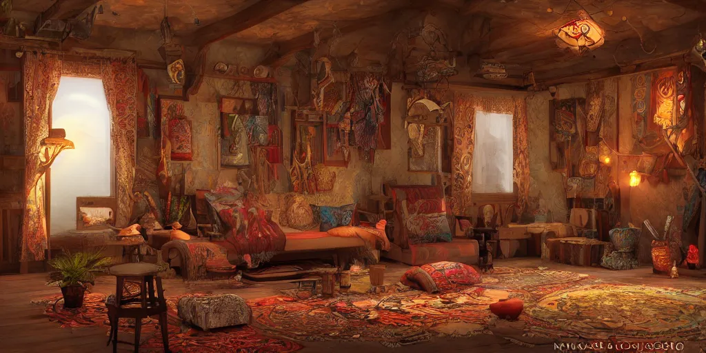 Prompt: inside of a beautifully decorated gypsy style home, in the evening, featured on artstation, cgsociety