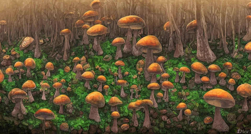 Image similar to A tribal village in a forest of giant mushrooms, by David Eichenberg