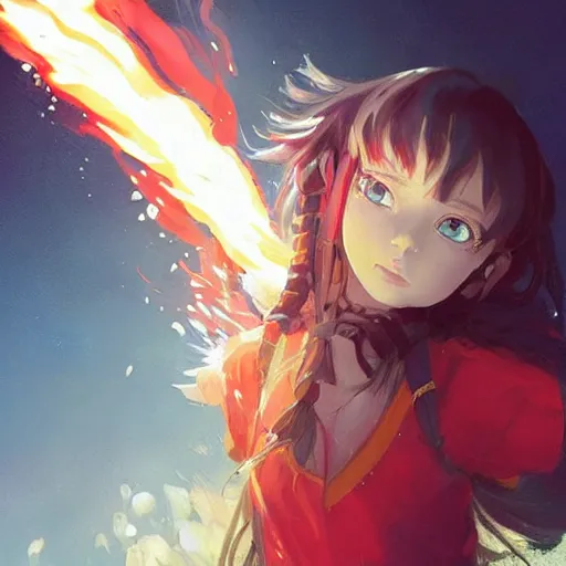 Image similar to Full body, splash art by WLOP, Ilya kuvshinov, Krenz Cushart, and Greg Rutkowski, trending on artstation. Realistic fantasy cute Native Indian young girl with silky hair, wearing a red-sleeved white t-shirt with jeans, she has fire powers, her hair glows astonishing fire flames, Cinematic dramatic atmosphere of a mystic forest, sharp focus, soft volumetric studio lighting