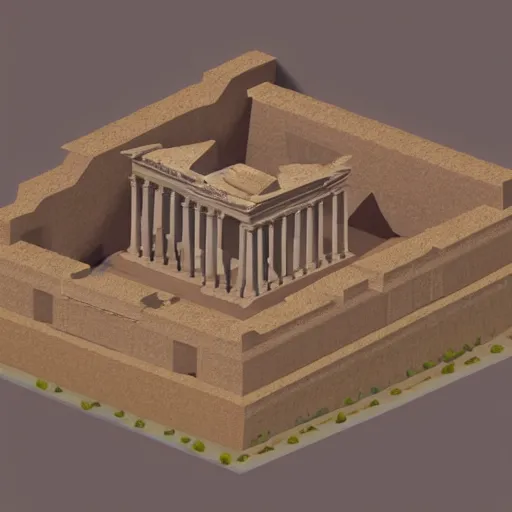 Prompt: low poly isometric version of the temple at petra,