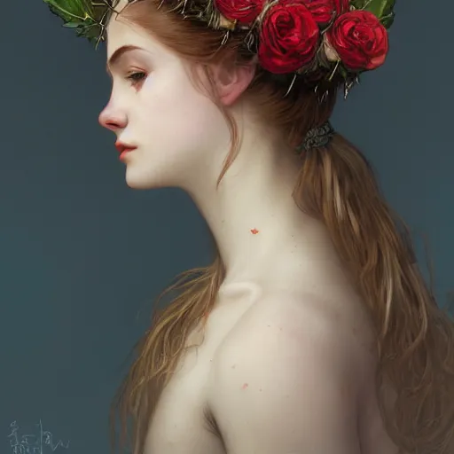 Prompt: portrait of beautiful vampire, flower crown, extreme thorns everywhere, headshot, neck up, head only, pale skin, 4k, rule of thirds, extreme detail, detailed drawing, trending artstation, hd, fantasy, D&D, realistic lighting, by Alphonse Mucha, Greg Rutkowski, sharp focus, backlit, bright red hair