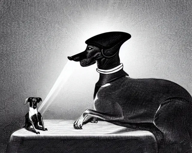 Image similar to greyhound wearing a black cloak and a top hat under a spotlight, magician dog