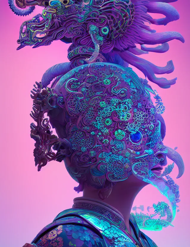 Image similar to 3 d goddess close - up profile solarpunk portrait ram skull. beautiful intricately detailed japanese crow kitsune mask and clasical japanese kimono. betta fish, jellyfish phoenix, bio luminescent, plasma, ice, water, wind, creature, artwork by tooth wu and wlop and beeple and greg rutkowski