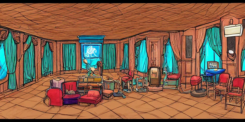 Image similar to a dimly lit, theater dressing room, with a mirror, a chair, a couch, day of the tentacle style, drawn by Peter Chan, 5 point perspective