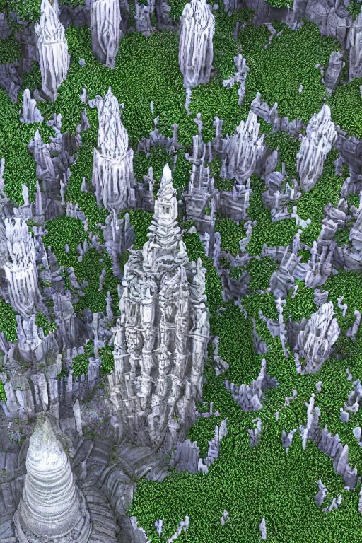 Image similar to ancient fractal temple megastructure in the hanging gardens of a radiant cathedral, overgrown garden, many white flowers, scanned earth terrain bridges, erosion algorithm landscape, by albert bierdstat, by glenn small, high fantasy, high resolution, photorealism, populated by luminous beings, volumes of fog, aerial perspective